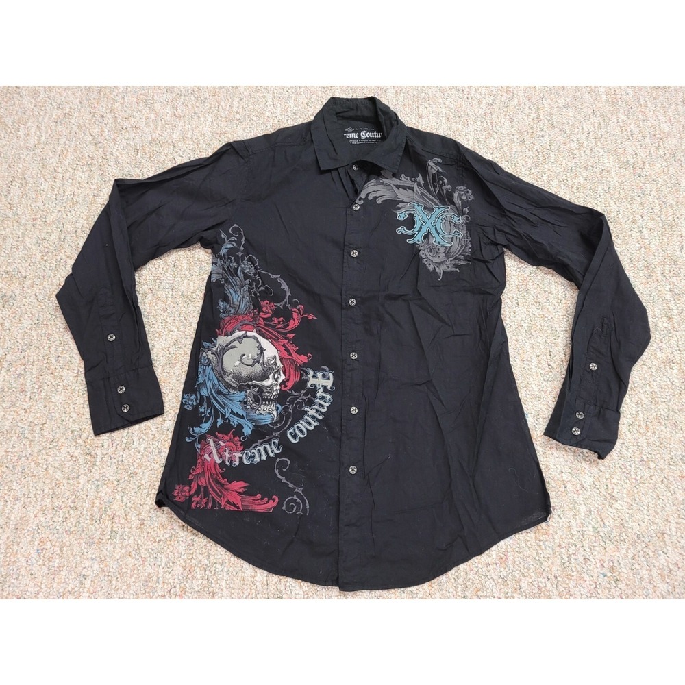 Xtreme‎ Couture Shirt Mens Small Black Skull Graphic Button Down MMA Long Sleeve